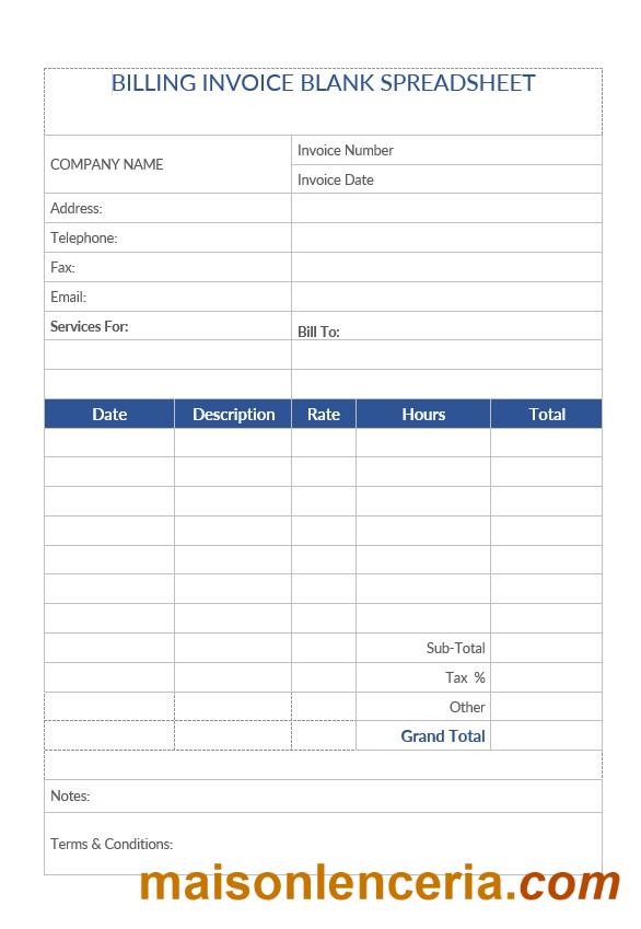 Billing invoice Blank Spreadsheet Template